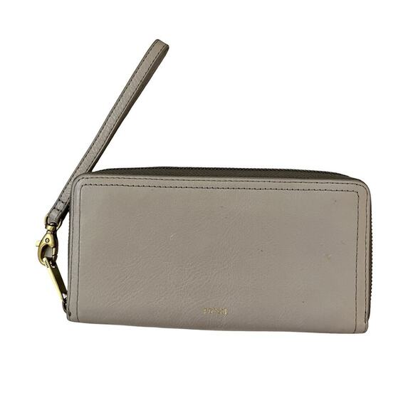 Fossil 100% Leather Zip Around Large Accordion Wallet Wristlet in Light Gray - Picture 1 of 11